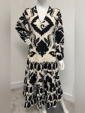 Zara Black & White Printed Cotton Midi Dress XS Belted Boho Chic